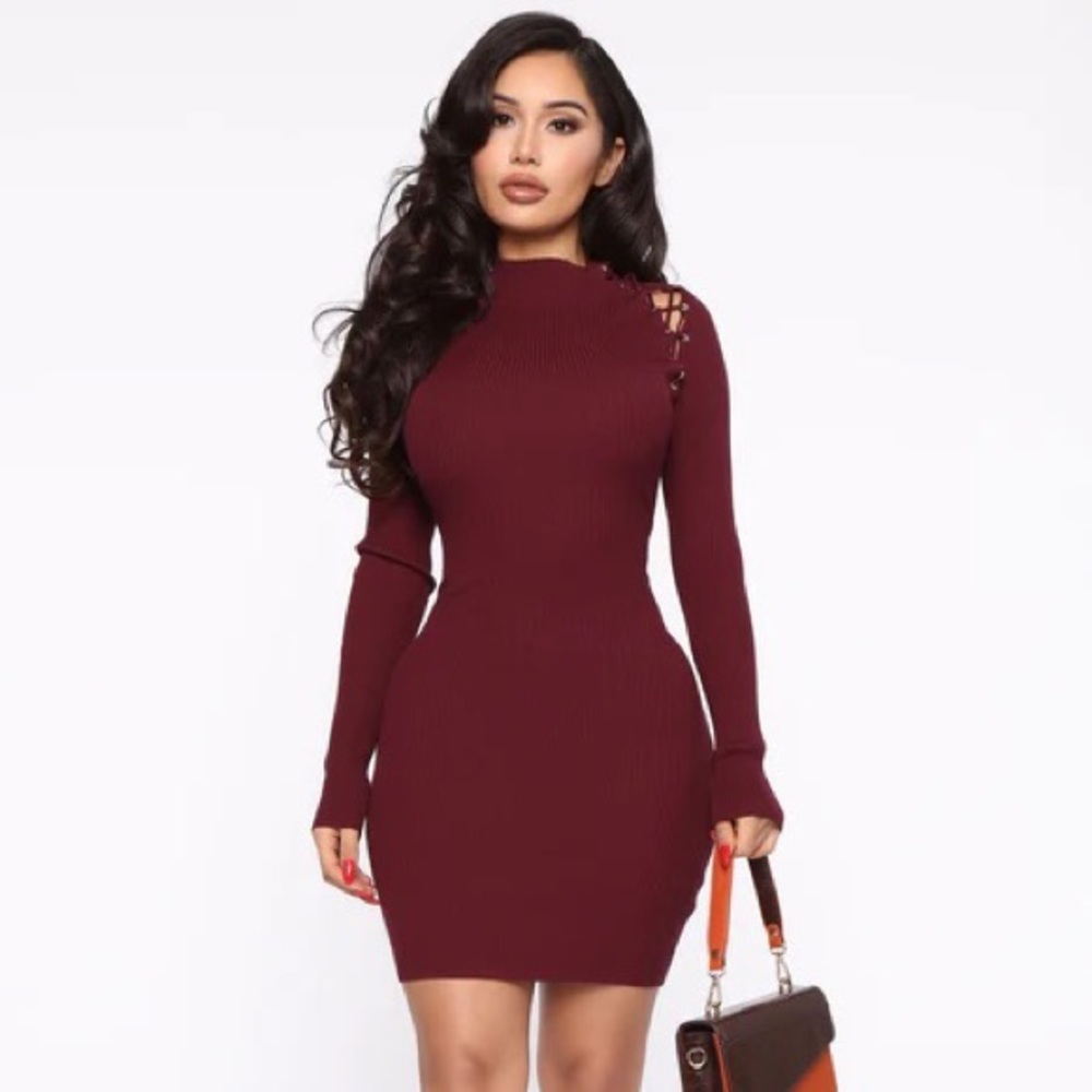 Fashion Nova Arie Sweater Mini Dress- Burgundy